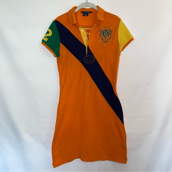 RALPH LAUREN SPORT x Vintage Polo Club Bleecker Dress Y2K Orange Multi M Preppy - Picture 1 of 10